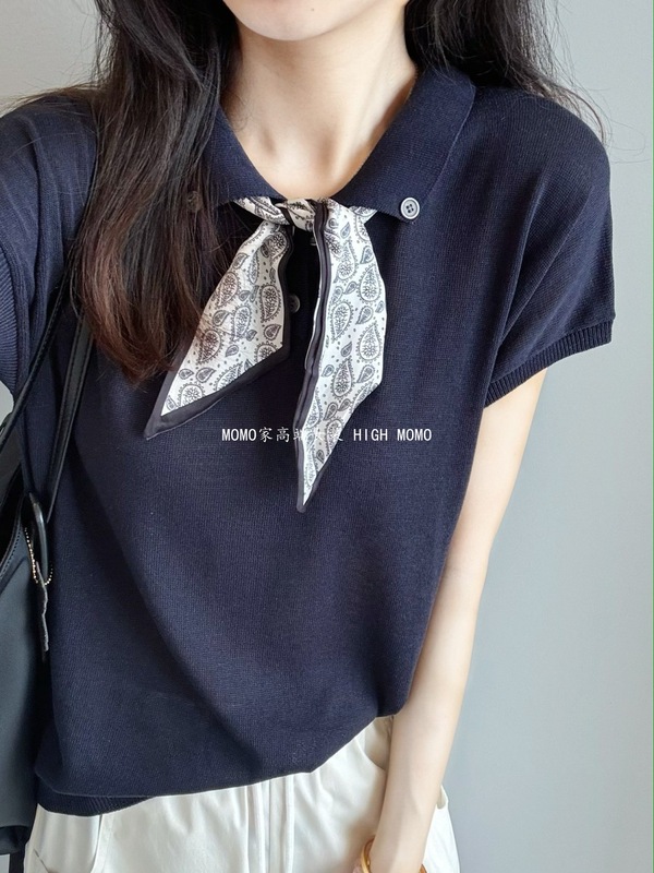 テンセル麻ニット半袖Tシャツ レディース エレガント MIU風 シルクスカーフ付き ポロ襟 涼しく快適 着痩せ効果のあるトップス|undefined
