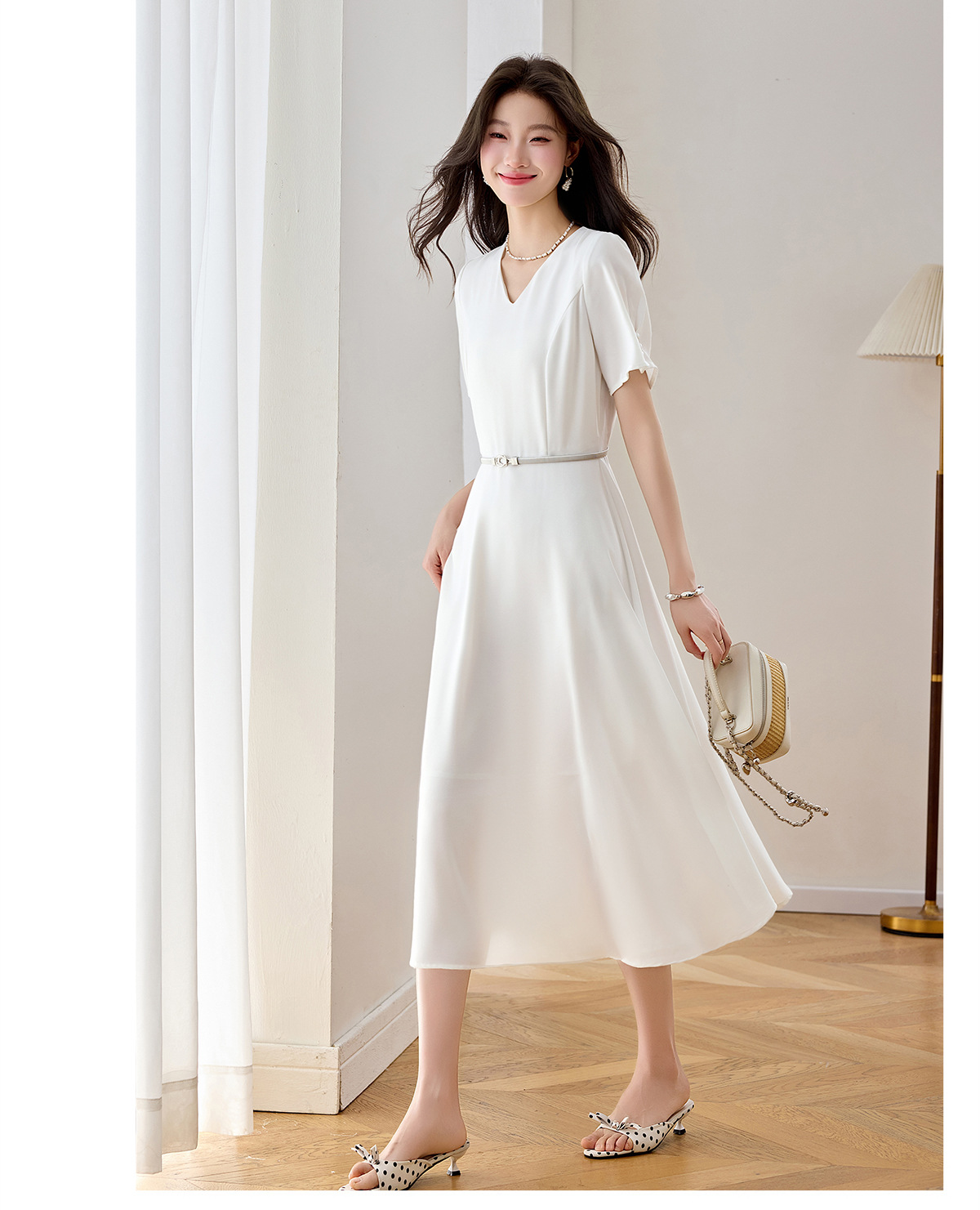 Đầm maxi nữ thắt eo cổ V dáng dài phối màu trơn — màu xanh đậm, màu tím, màu trắng chi tiết 14