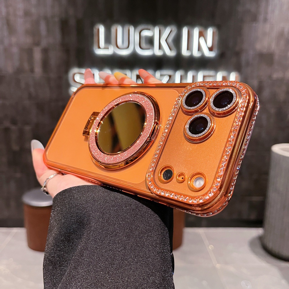 Square Diamond + Glitter Ring Mirror Stand Suitable 17 Pro Max Phone Case, New Model For IPhone 16/15/14_voghion.com