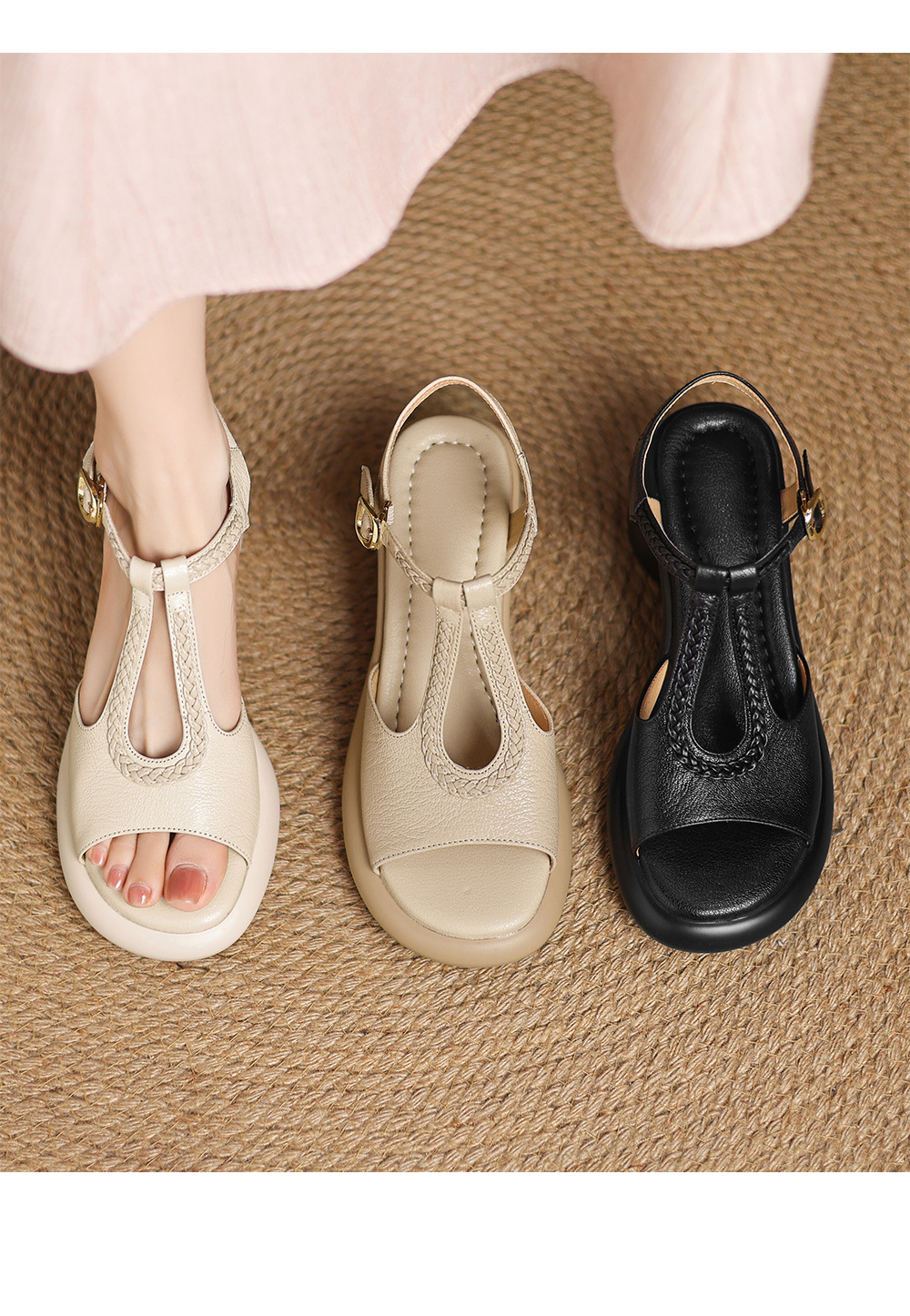Sandal La Mã cao gót mùa hè size lớn 34-41, đế xuồng gót dày, mũi hở, chất liệu dệt — đen chi tiết 17