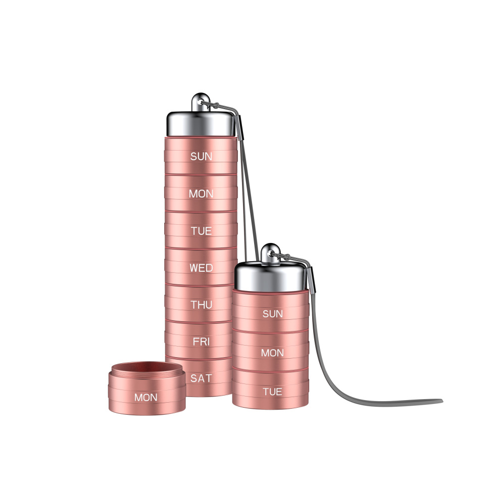 Amazon sellado al aire libre a prueba de agua de almacén caja de la píldora del metal combinación desmontable conveniente aleación de aluminio caja de la píldora 7 días a la semana