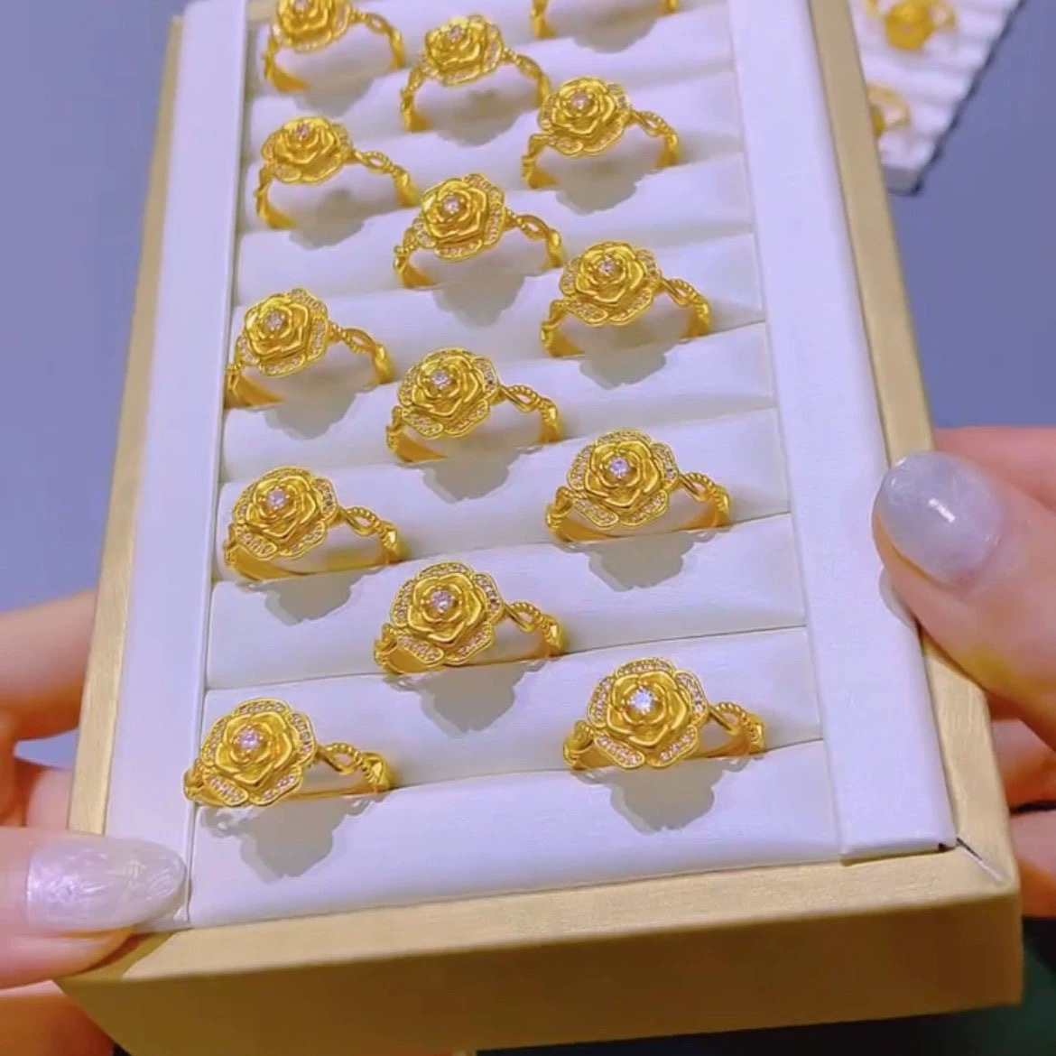 Gold Audrey Rose Ring Women Vietnam Sha Gold Fashion Diamond Rose Flower Opening Finger Ring Bracelet_voghion.com