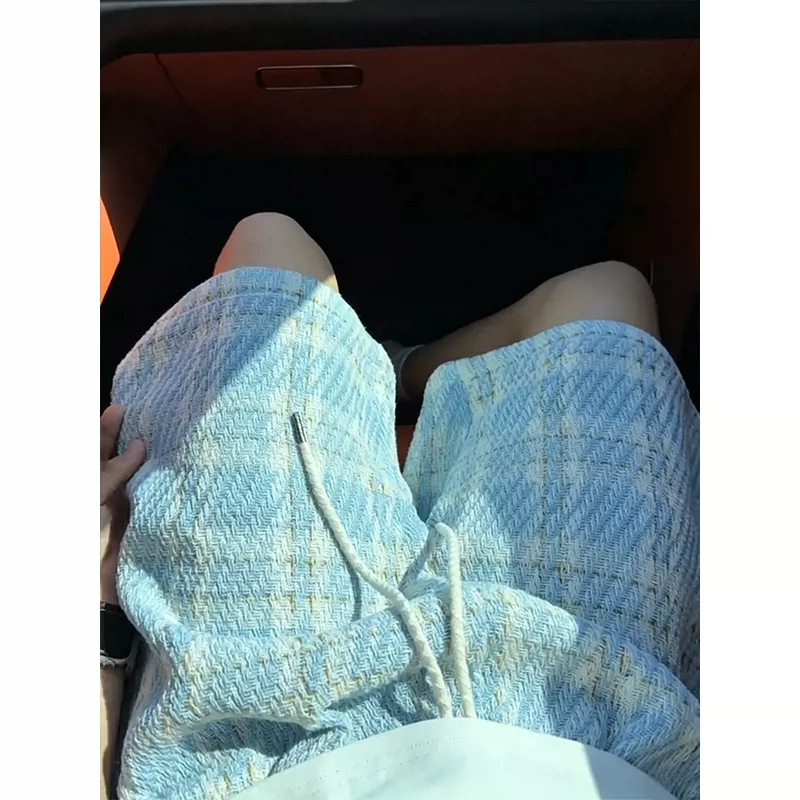 Chanel-Style Knitted Plaid Shorts for Men, Summer Thin American Retro Five-Point Shorts, Beach Shorts, Sports Mid-Length Pants