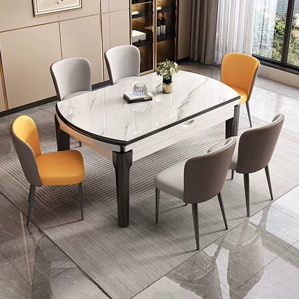 Induction cooker rock slab dining table and chair set, modern simple retractable folding solid wood adjustable round table for small homes