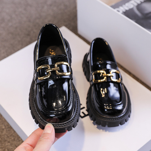 Princess-style girls' spring loafers, black leather shoes for little girls, trendy slip-on kids' single-layer shoes