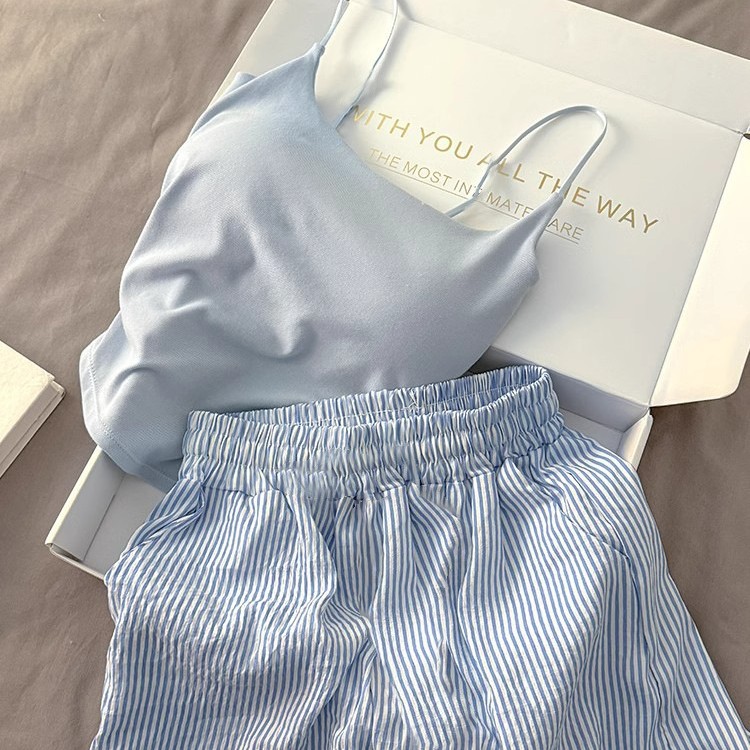 胸パッド付きオールインワンキャミソールレディース夏ピュアセクシーキャミソールストライプショーツパジャマホームウェア2点セット
