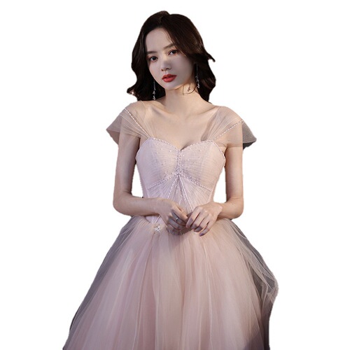 pink wine tulle evening dress birthday party dress female singers host solo piano performance long show thin show host French dress