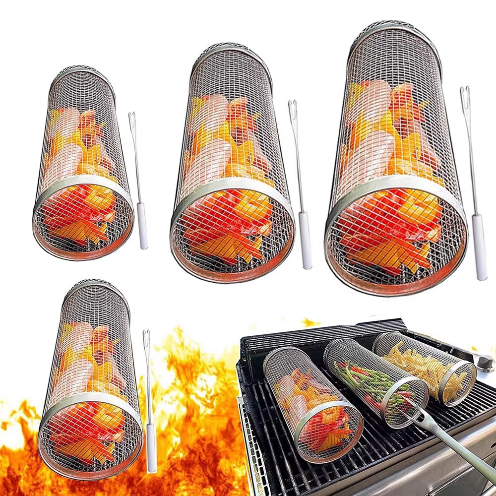 Cesta Giratoria para Barbacoa de Acero Inoxidable Portátil para Picnic