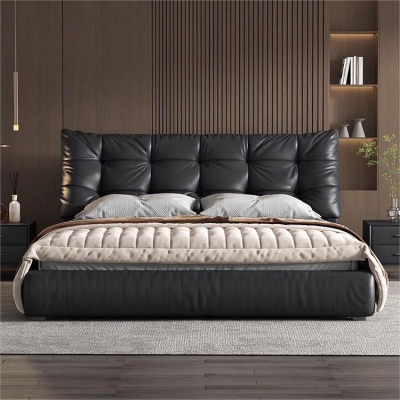 Cama de cuero minimalista italiano, dormitorio principal simple, bolso suave, cama doble, diseño de lujo ligero, cama de nube de soplo, atmósfera de alta gama image 3