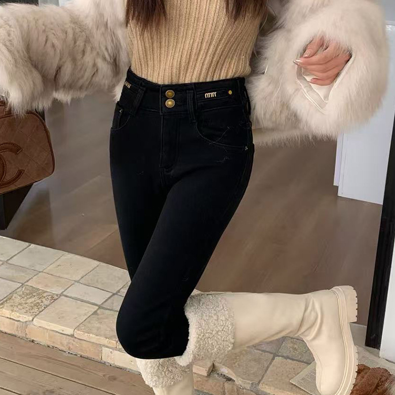 Fashion High-Waisted Black Skinny Jeans for Women, 2025 Autumn and Winter New Style, Fleece-Lined and Thickened Pencil Boot Pants