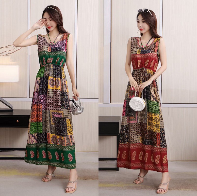 New Sleeveless Cotton Silk Dress Women's Summer Ethnic Style Long Printed Dress Bohemian Large Size Slimming Beach Dress New Sleeveless Cotton Silk Dress Women's Summer Ethnic Style Long Printed Dress Bohemian Large Size Slimming Beach Dress