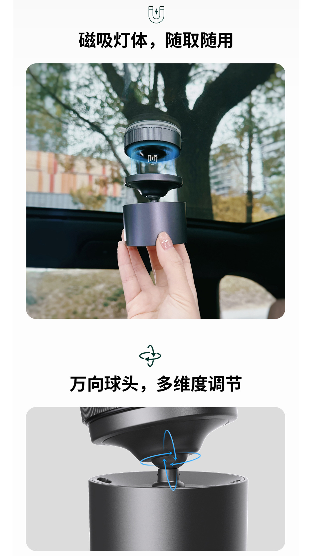 Biniduo Brand Car Strong Magnetic Reading Light, Detachable Interior Ceiling Light, Trunk Lighting with Multi-Color Adjustment