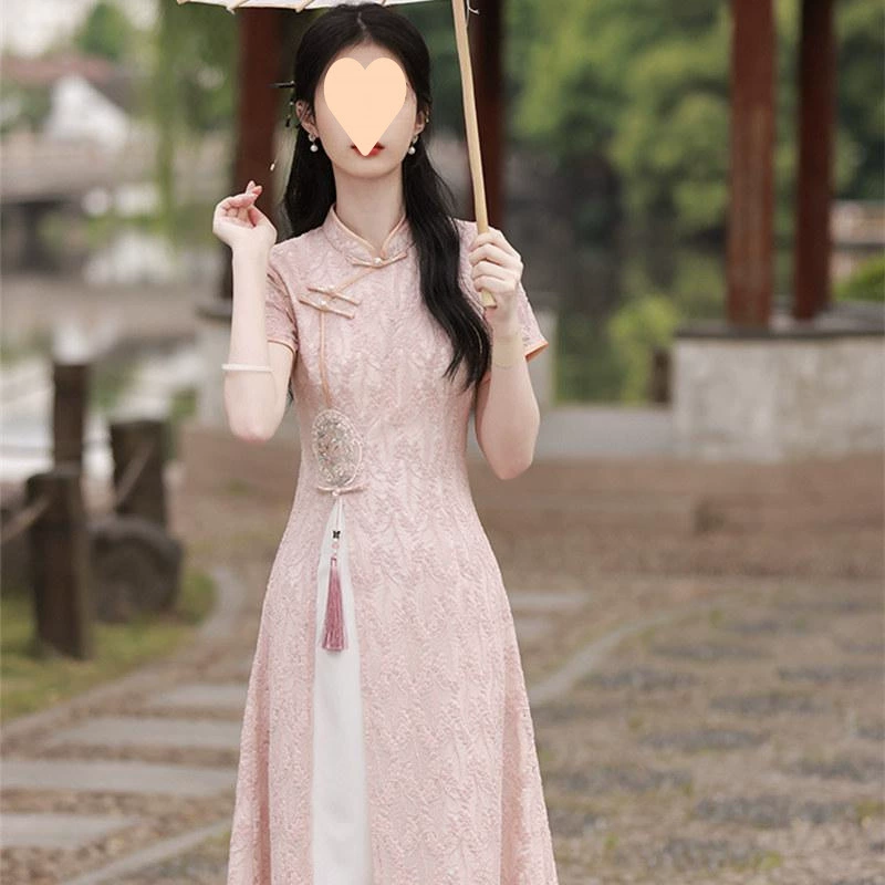 Кружевное платье-чонсам Ao Dai улучшенное 2025, новое летнее повседневное платье для молодых девушек с завышенной талией и вышивкой в стиле чайной церемонии.