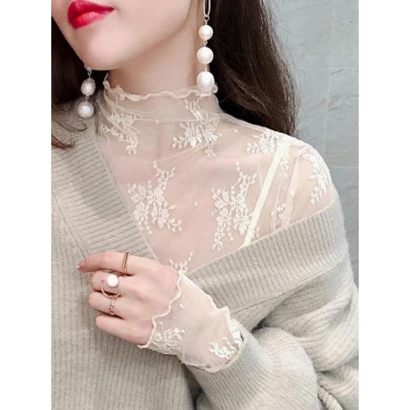 Half Turtleneck Mesh Bottoming Shirt for Women, Fashionable Shirt, New Style Early Autumn Inner Wear, See-Through Lace Top