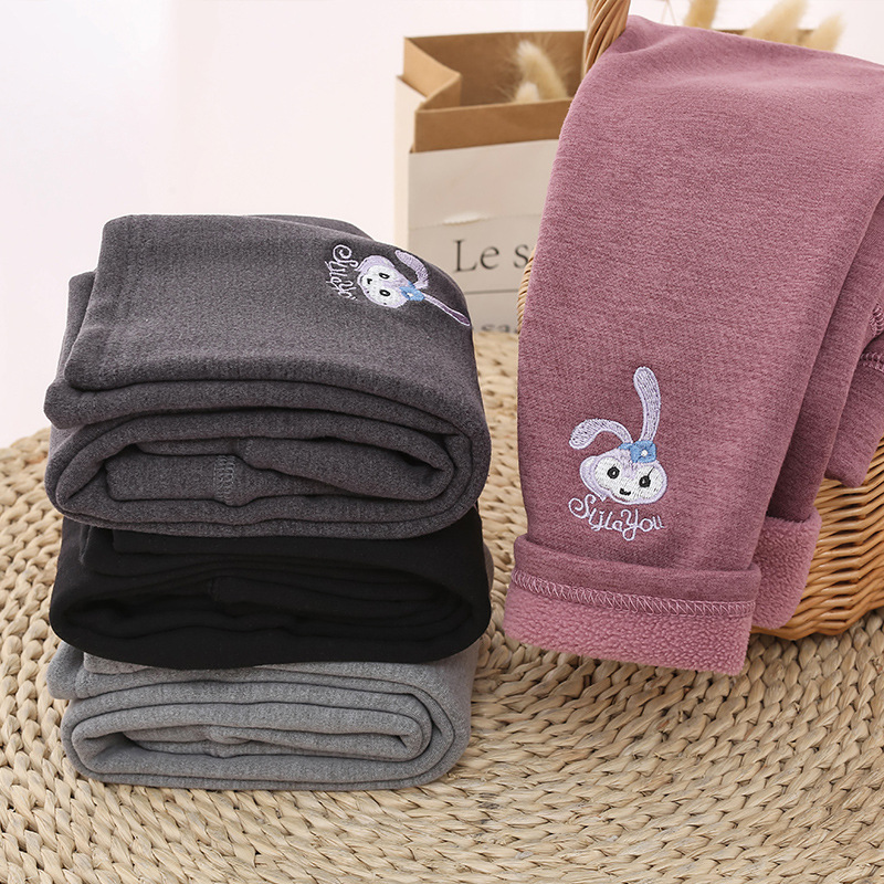 Children's autumn and winter velvet leggings girls' new embroidered bunny trousers for small and medium-sized children baby polar fleece warm pants