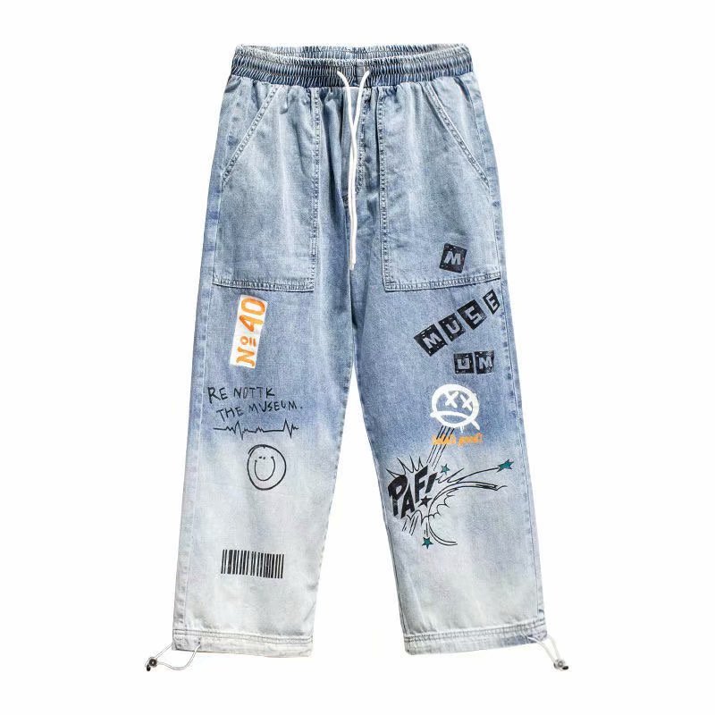 YOA otoño nueva letra impresa jeans hombres marca de moda suelta de dibujos animados graffiti tobillo atado pantalones ins cordón Pantalones