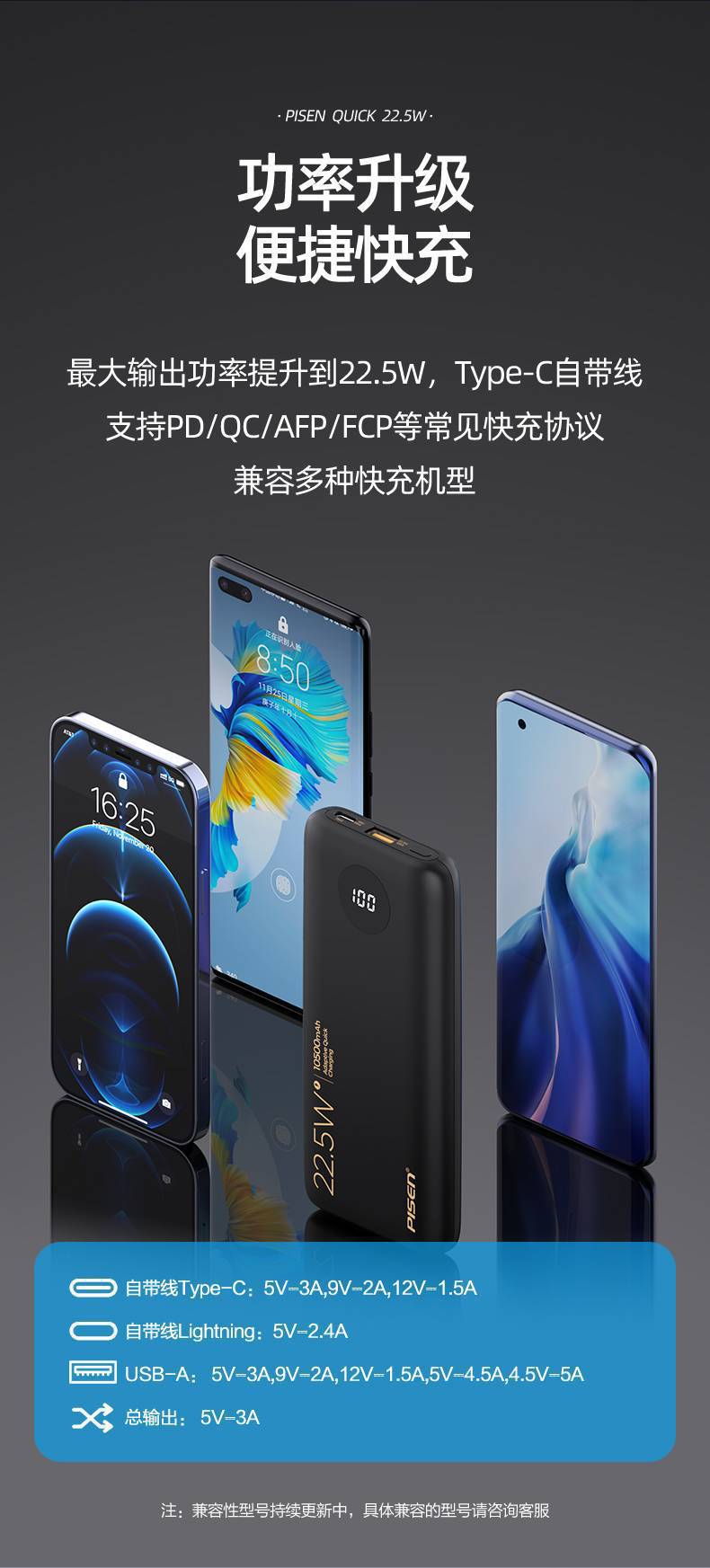 PISEN QUICK 自帶線22.5W快充電寶10500紙