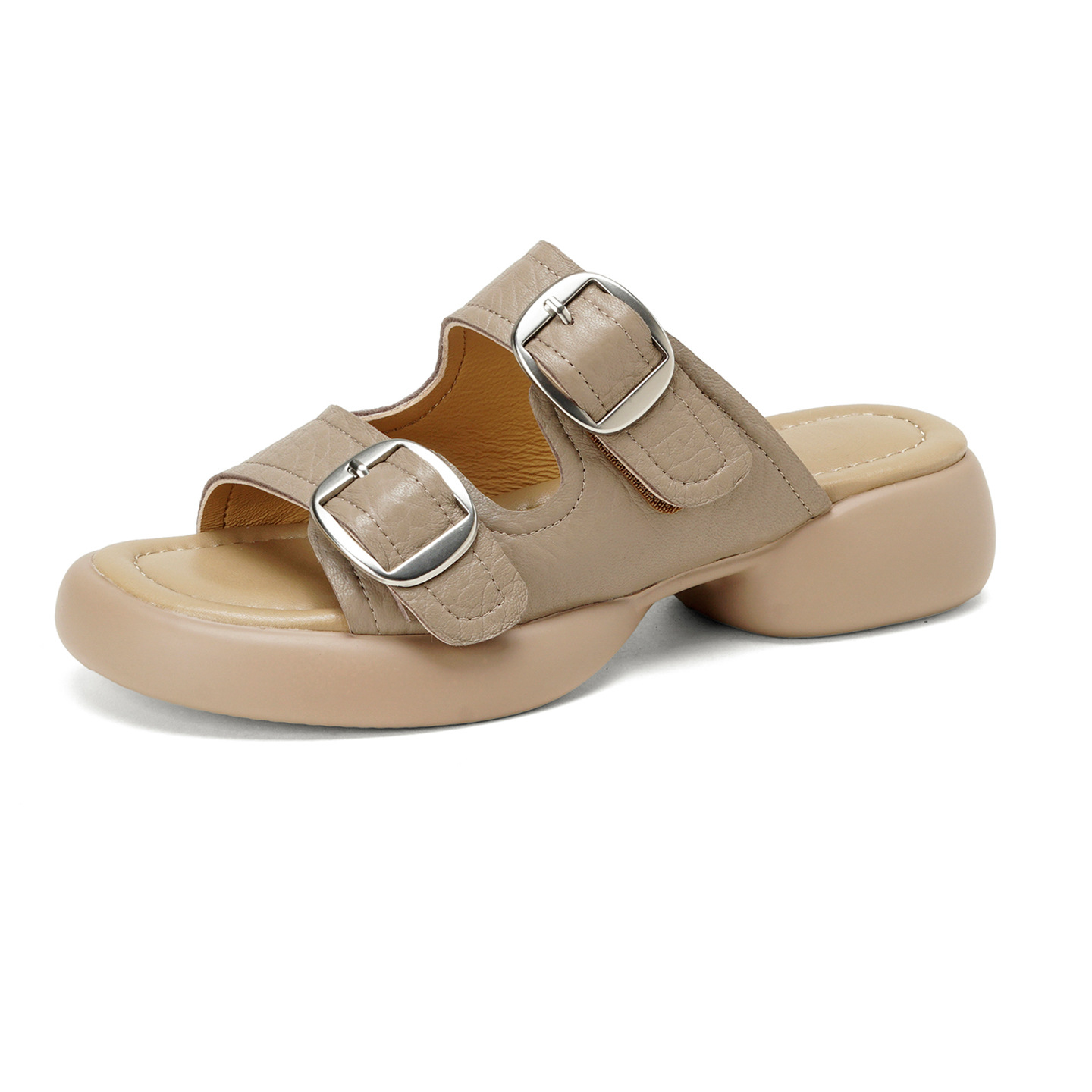 Dép sandal nữ quai chữ V đế dày da cừu khóa thắt lưng — Xám voi