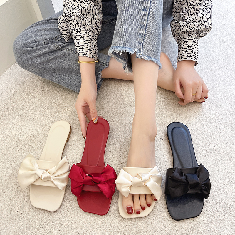 Women's fashionable beach women's slippers with bow flat English…