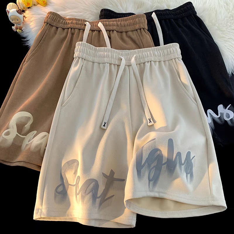 Summer Casual Shorts for Men, Sporty Style, Wide-Leg, Polyester, Black, Loose Fit, Youth Couple Pants, Cross-Border