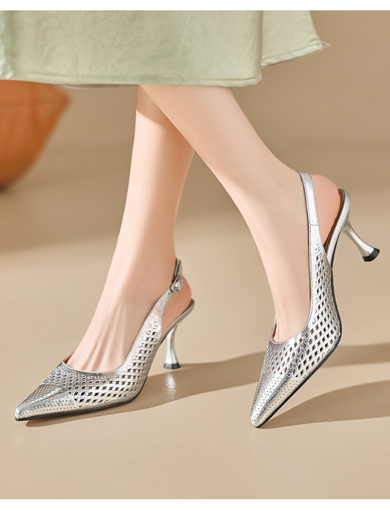Sandal cao gót nữ mũi nhọn hở gót, gót 7 cm, phong cách Âu Mỹ — màu vàng chi tiết 1