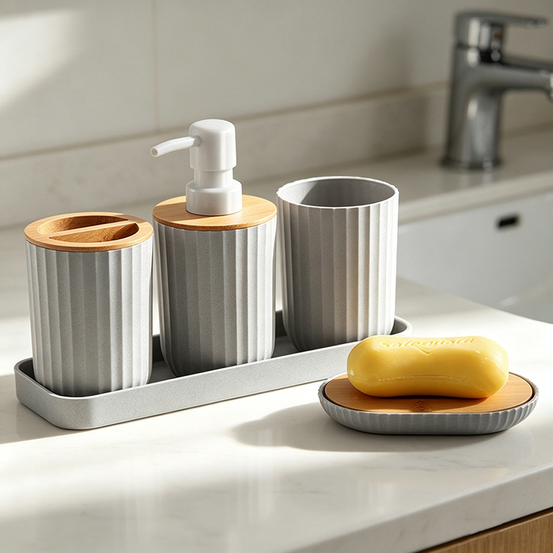 Juego de Accesorios de Baño de Bambú de Plástico