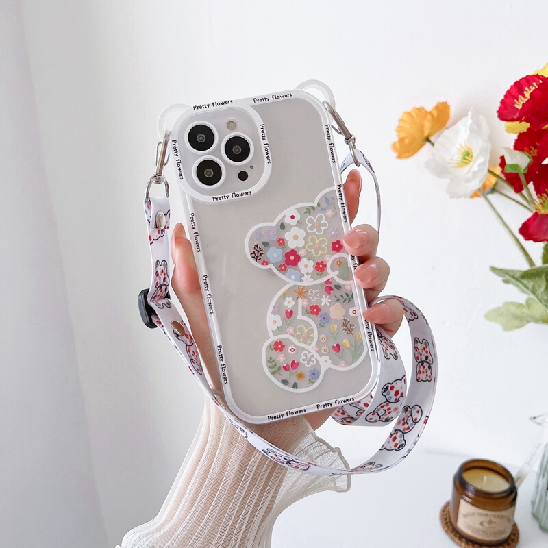 Crossbody Strap with Lanyard Suitable for iPhone 17/16, Apple 15 Pro Max Phone Case, Cute Floral Bear Transparent