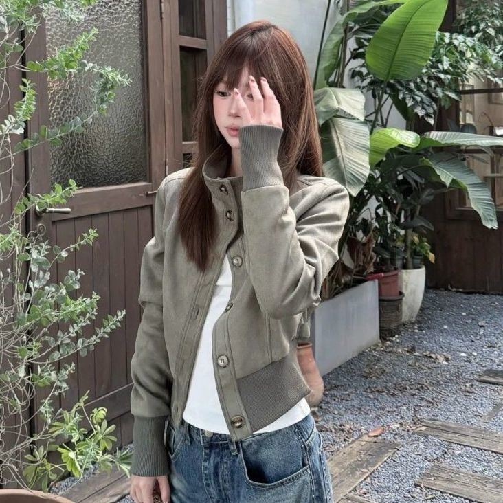 美式复古立领麂皮开衫外套女早秋季2025新款休闲百搭夹克短款上衣|undefined