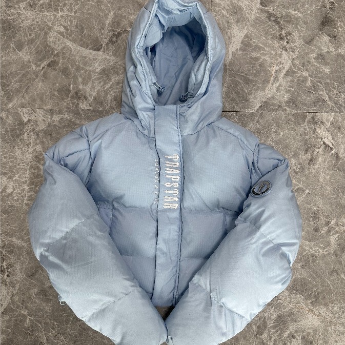 Autumn and Winter Light Blue Trapstar Short Hooded Jacket Cotton Coat for Women, Fresh and Trendy Brand, European and American Street Casual Style Autumn and Winter Light Blue Trapstar Short Hooded Jacket Cotton Coat for Women, Fresh and Trendy Brand, European and American Street Casual Style