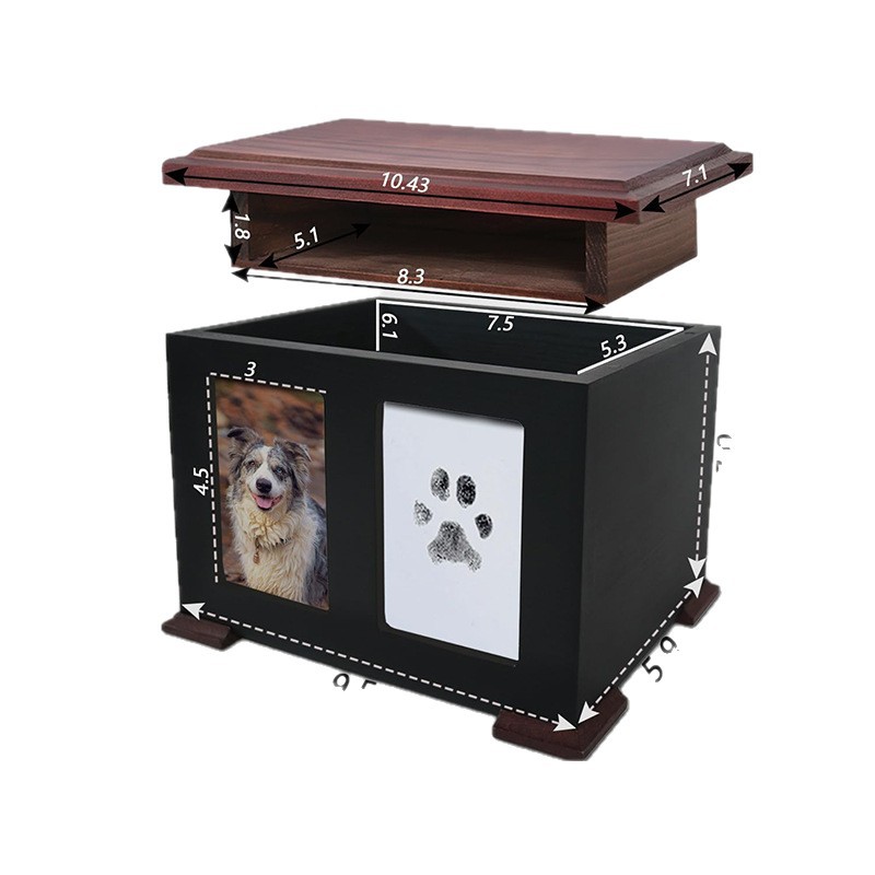 Urna de madera transfronteriza urna funeraria de perros y gatos para mascotas impresa de barro impresa de garra caja conmemorativa marco de cinta de madera sólida
