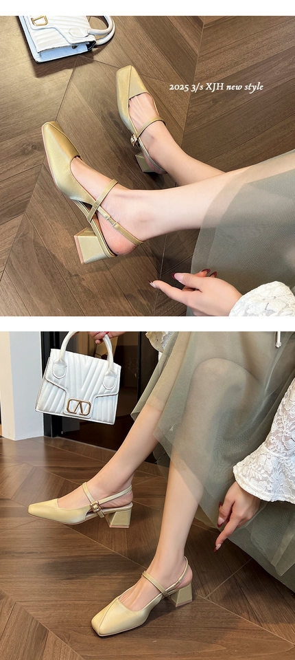 Giày Mary Jane nữ gót thô 3–6 cm mũi vuông quai móc hở gót kiểu Pháp — Màu kaki, Màu trắng be, Màu vàng nhạt chi tiết 12