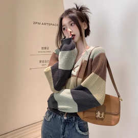 复古撞色条纹系带v领针织打底衫女秋冬修身显瘦上衣短款毛衣内搭