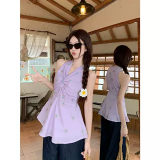 大码胖妹妹法式复古V领碎花刺绣扭结背心收腰显瘦挂脖小衫女上衣