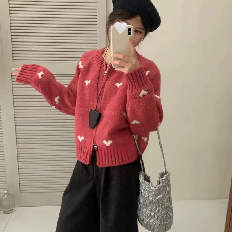 韩系新款爱心提花双拉链学院风时尚圆领毛衣女针织开衫女秋冬外套|undefined