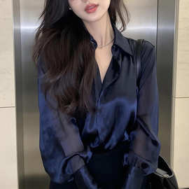 时尚轻熟风绝美蓝色Polo领长袖衬衫女春秋洋气百搭通勤显瘦衬衣