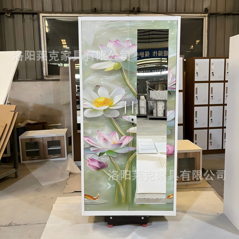 Gabinete de impresión de dos puertas deslizantes armario de acero espejo estética armario de almacenamiento de metal doméstico se puede personalizar simple armario de metal de viento image 8