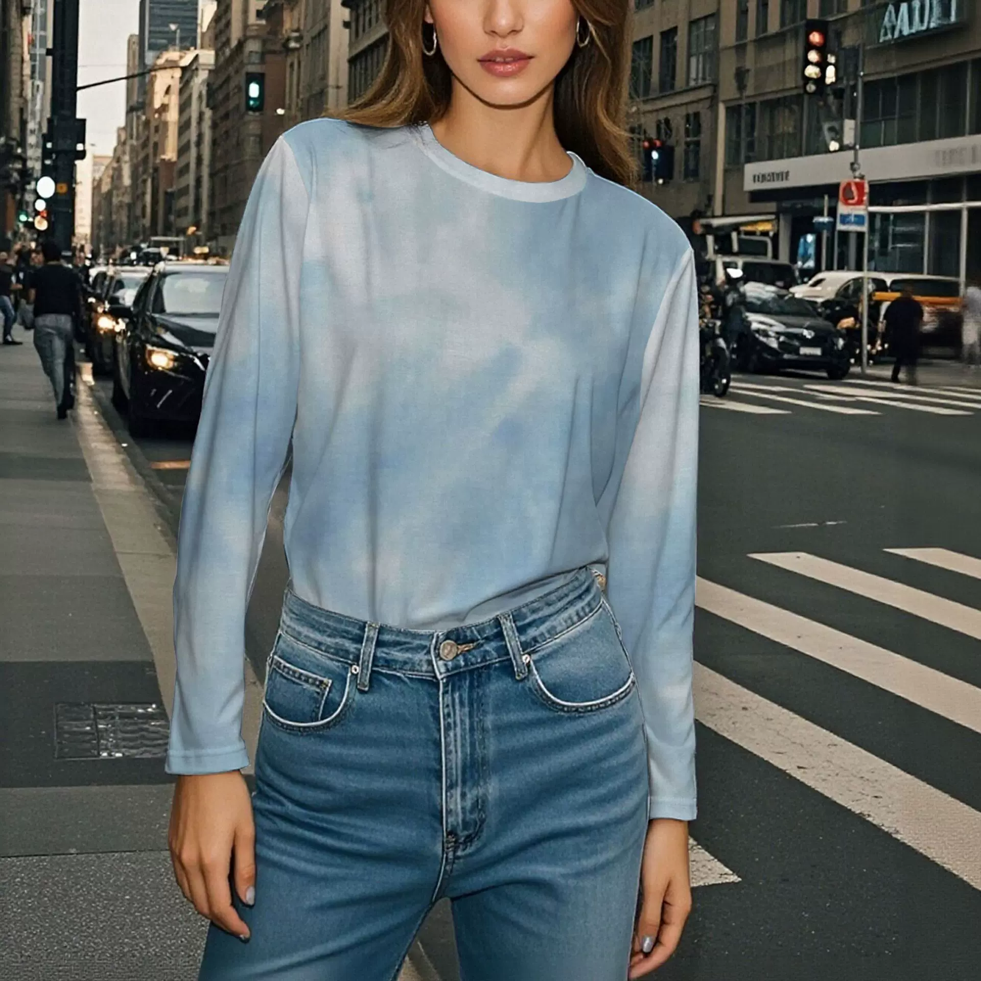 亚马逊欧美春秋季新款女士满印打底衫 定制休闲个性长袖圆领T恤女