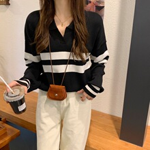 韩版Polo领长袖针织衫女条纹宽松套头休闲学生短款毛衣T恤上衣女