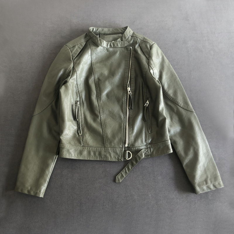 アマゾンの2022秋の服の新型シンプルなスタンドカラーのpuの皮の服の女性の短い韓国版の機関車の服の修身の皮のジャケット|undefined