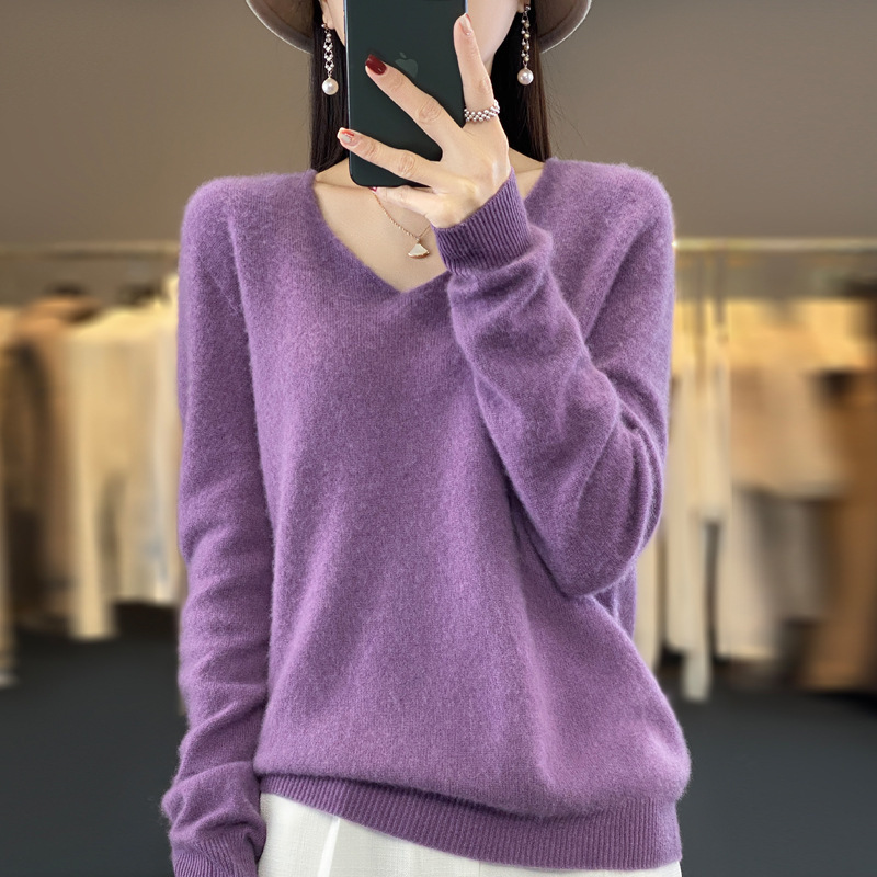퍼스트 라인 의류 퓨어 울 스웨터 2024 가을과 겨울 여성의 V-NECK 루즈 짧은 솔리드 컬러 캐시미어베이스 스웨터 니트 스웨터