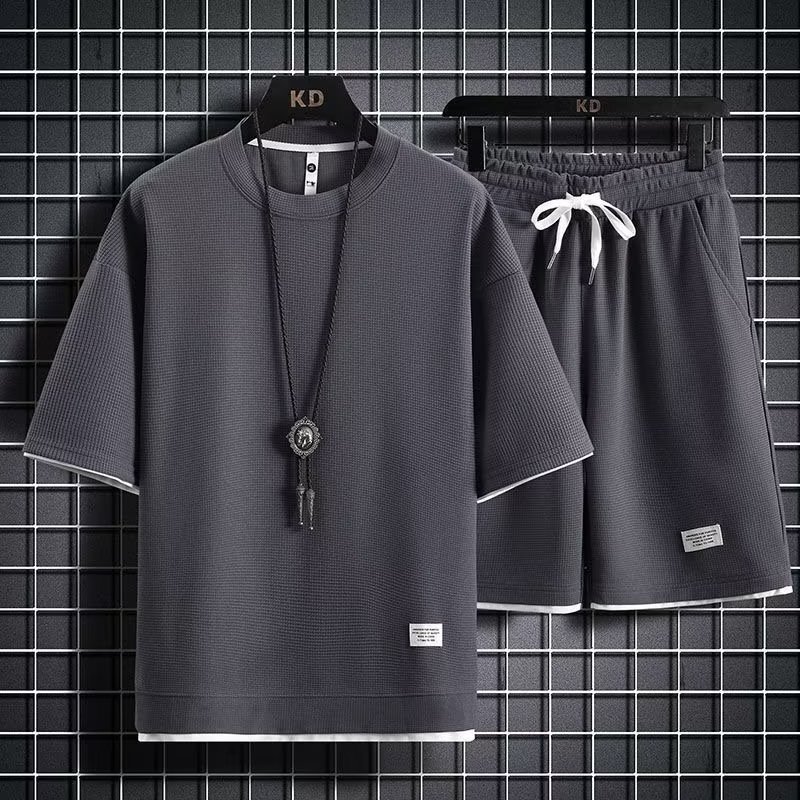 Casual Sports suit Men's Summer Ice Sense Fashionable Loose Waffleted Short-sleeved Shorts Set of Clothes Handsome Collocation