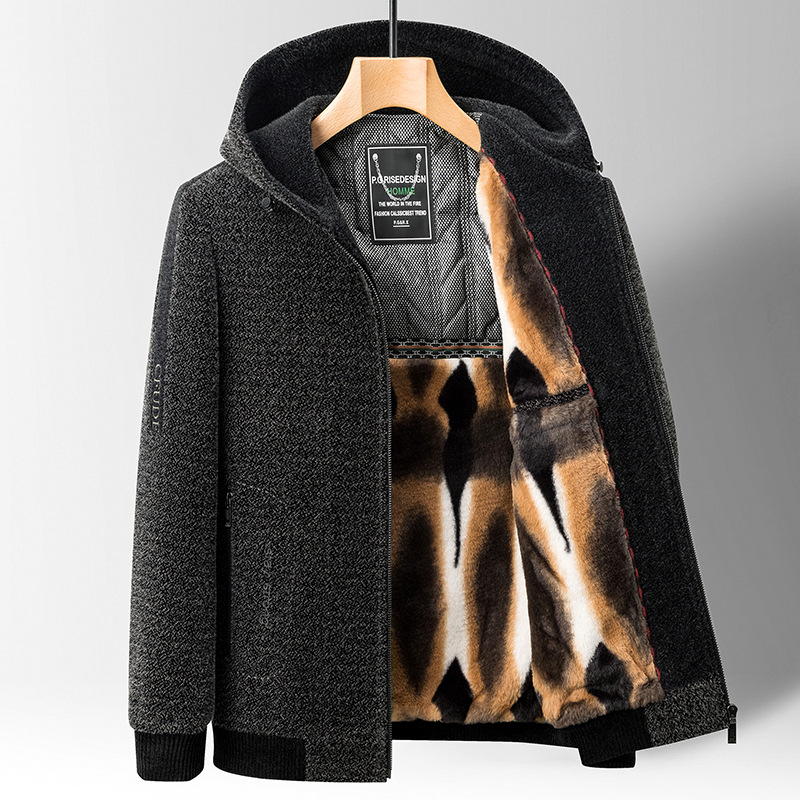 2025 New Autumn and Winter Hooded Golden Mink Velvet Men's Warm Woolen Jacket Fleece-Lined and Thickeneded Woolen Daddy Wear