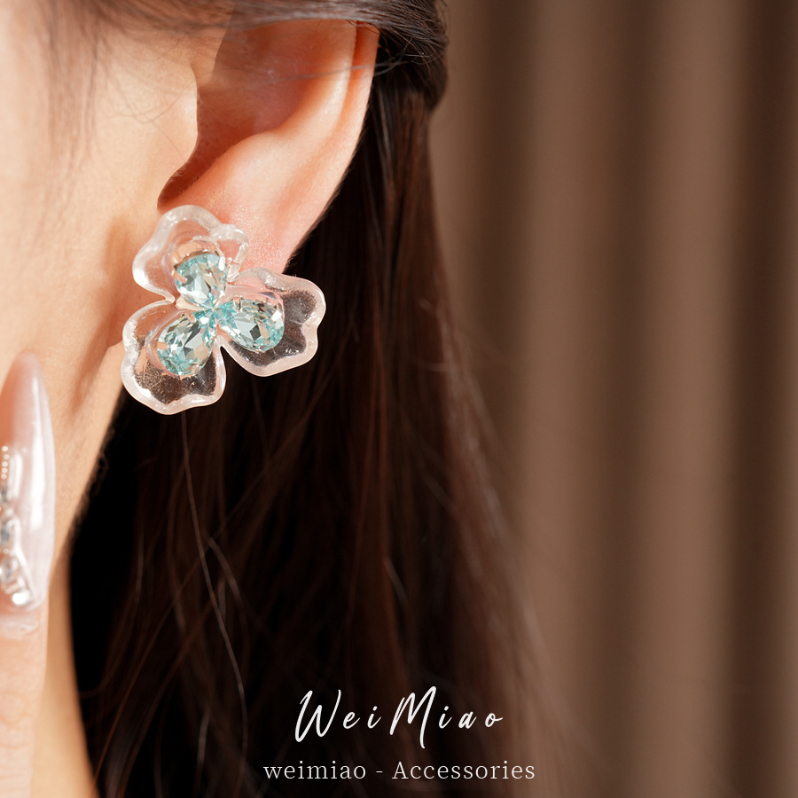 Agujas de plata zircón azul resina flor pernos pequeños frescos dulces temperamento versátil pendientes ligeros de lujo alta sensación de pendientes image 5