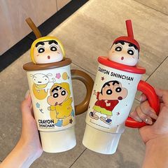 蜡笔小新桌面杯可爱卡通保温杯女生高颜值带吸管手柄办公室水杯子