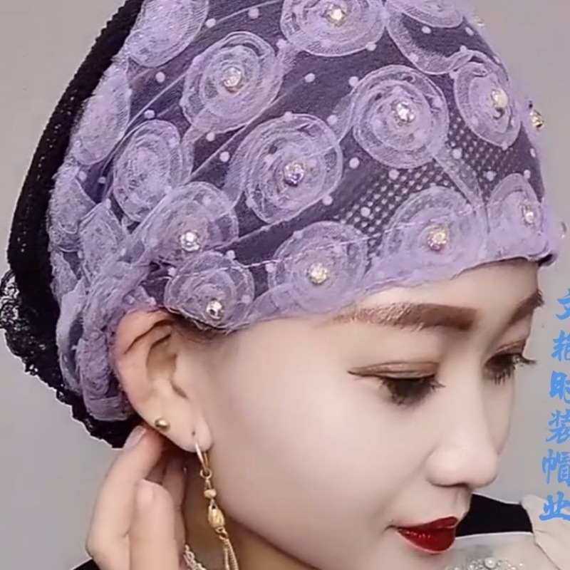 새로운 인터넷 연예인 부자 심플 패션 장미 모양의 백화 바오터우 모자로 흰머리를 커버하는 무슬림 모자 여성용 터번 모자