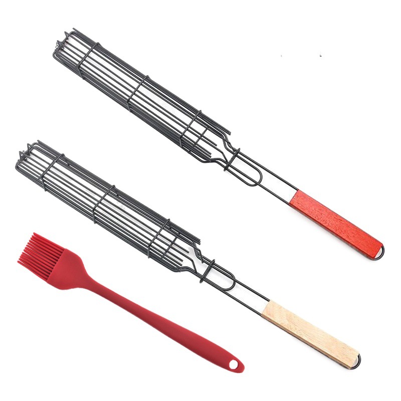 Parrilla para barbacoa transfronteriza con mango de madera, pinzas para salchichas, parrilla para maíz, cesta para parrilla de hot dogs y jamón, rejilla para barbacoa al aire libre