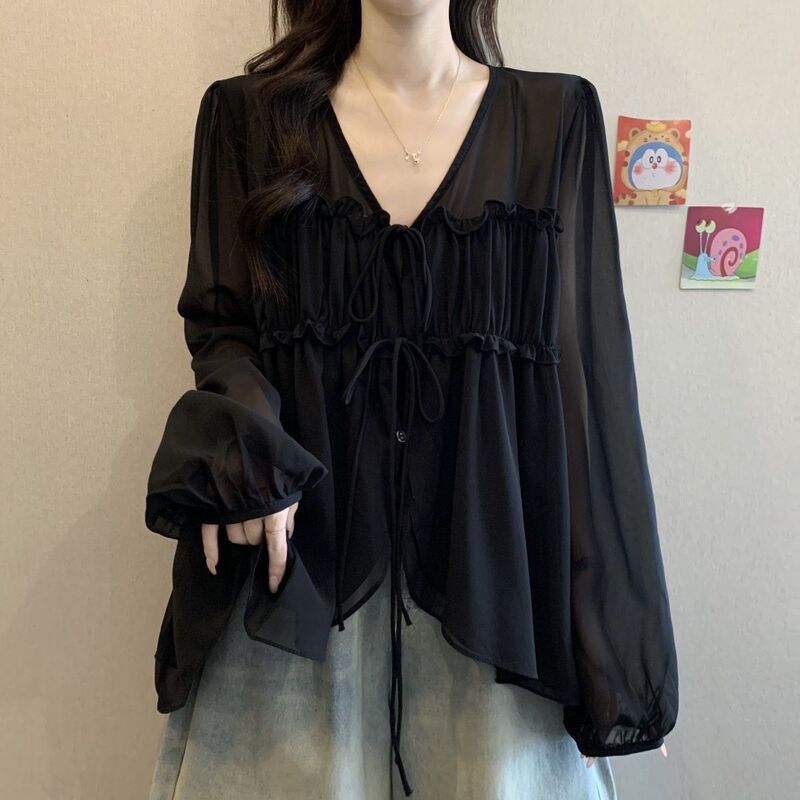 French-Style Irregular Fairy V-Neck Ruched Chiffon Blouse for Summer, Plus-Size Design for Curvy Women, Tummy-Concealing, Slimming Long-Sleeve Top French-Style Irregular Fairy V-Neck Ruched Chiffon Blouse for Summer, Plus-Size Design for Curvy Women, Tummy-Concealing, Slimming Long-Sleeve Top