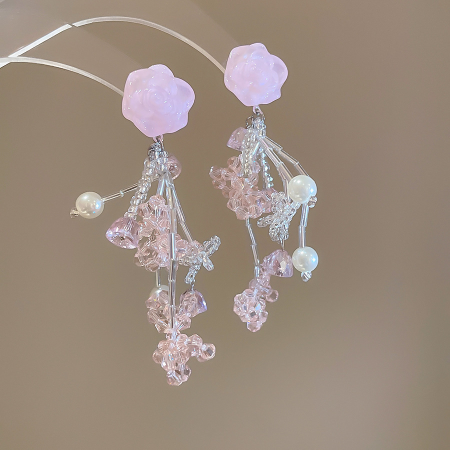 Pendientes de flores de color dopamina Pendientes dulces y frescos de primavera y verano Pendientes pequeños y elegantes de alta gama para mujer
