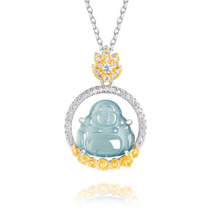 Natural a goods jade blue water Buddha S925 silver inlaid ice jade pendant jade pendant women's necklace fashion pendant