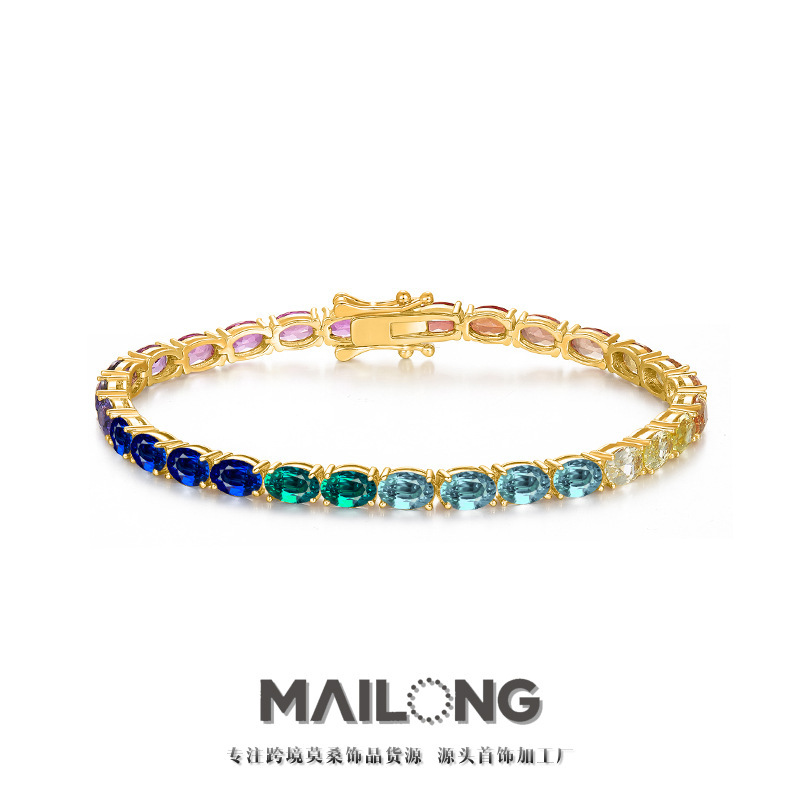 Cross-Border S925 Sterling Silver Bracelet with Cultured Pink Sapphire Rainbow Gradient 4*6mm Tennis Bracelet for Women, Light Luxury and High-End Feel